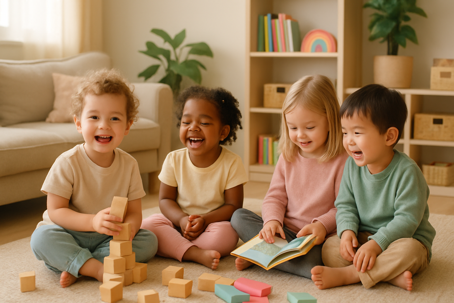 Children happily playing in a bright, modern childcare center